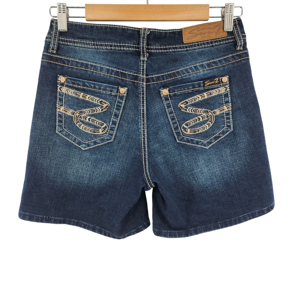 Seven7 Denim Shorts Womens 4 Embroidered Pockets Dark Wash Stretch Jean Shorts